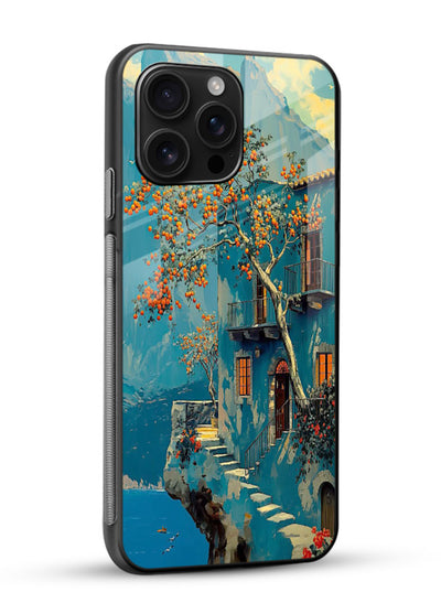 Blue Cliff Village coastal cliff village artwork glossy vibrant premium glass back cover - Angle Side