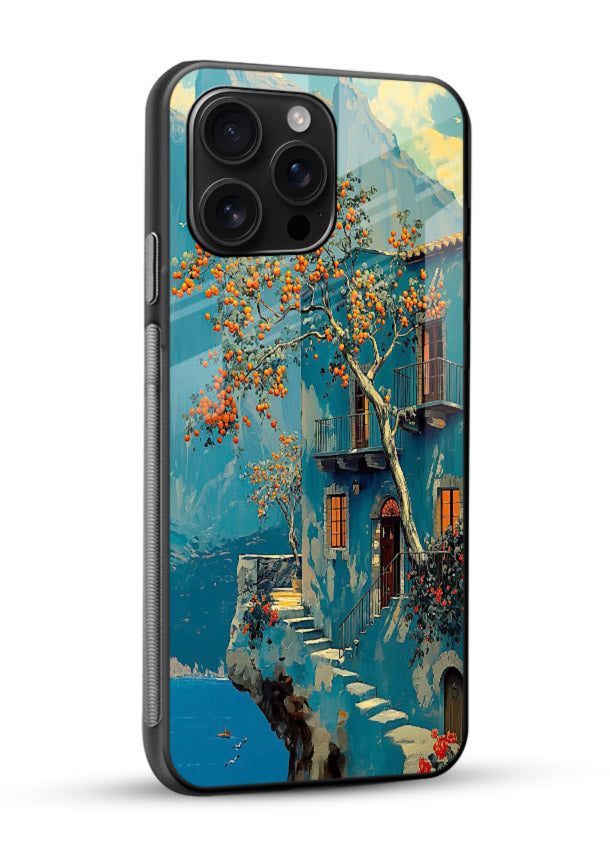 Blue Cliff Village coastal cliff village artwork glossy vibrant premium glass back cover - Angle Side