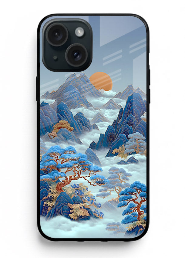 Blue Frost Peaks icy mountain artwork iphone 15 glass back cover