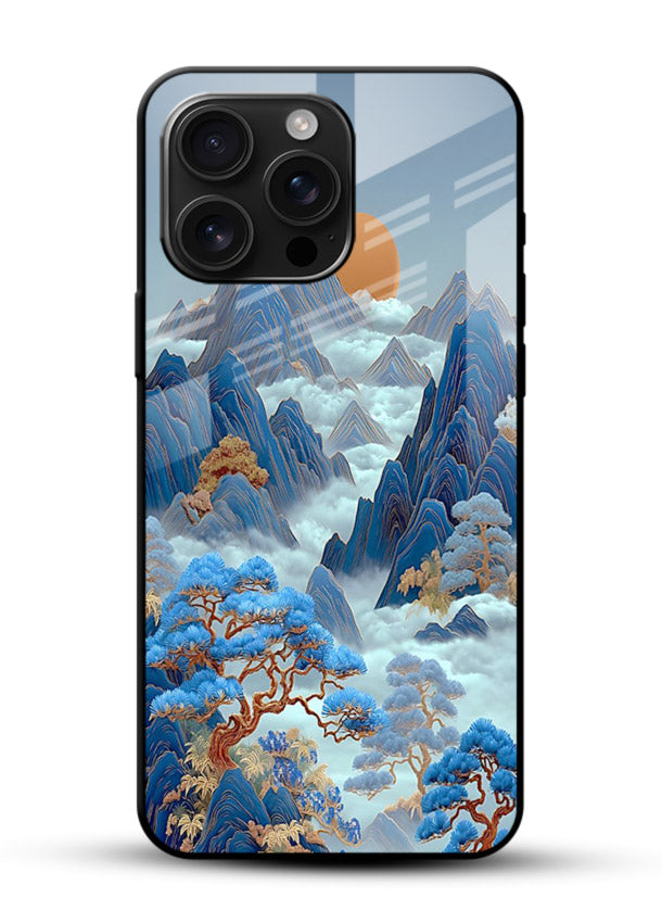 Blue Frost Peaks icy mountain artwork glossy vibrant premium glass back cover - Angle Front