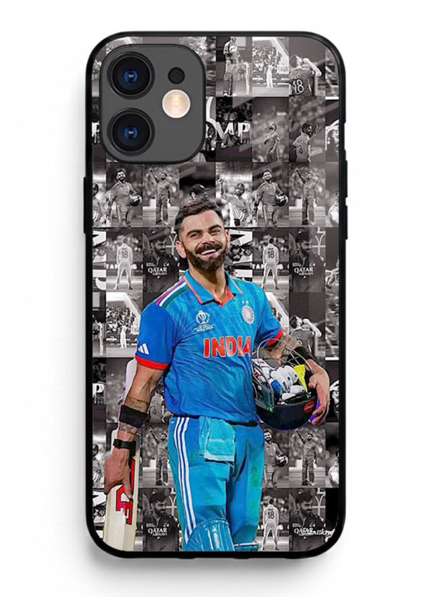 Blue cricket collage artwork printed on premium tempered glass iPhone 12 back cover