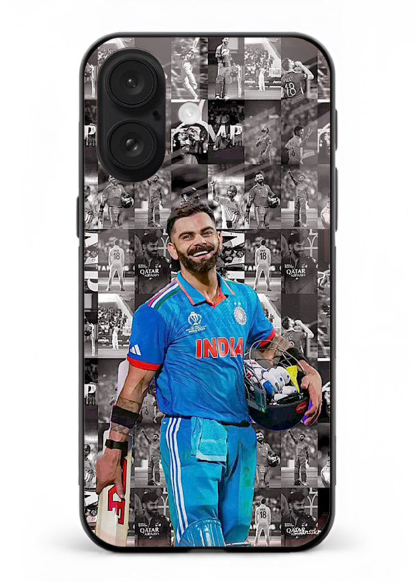 Blue cricket collage artwork printed on premium tempered glass iPhone 16 back cover