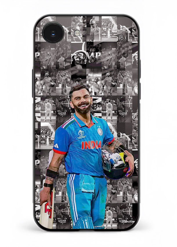 Blue cricket collage artwork printed on premium tempered glass iPhone 16E back cover