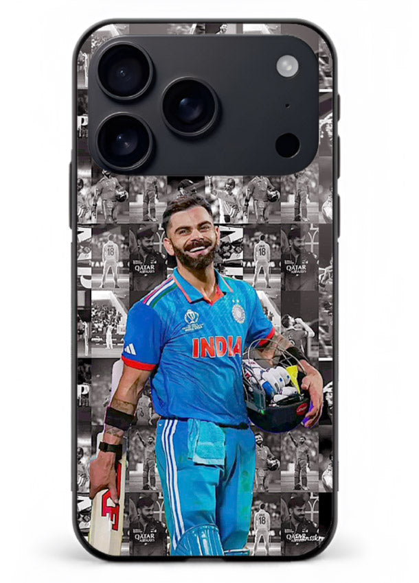 Blue cricket collage artwork printed on premium tempered glass iPhone 17 Pro Max back cover