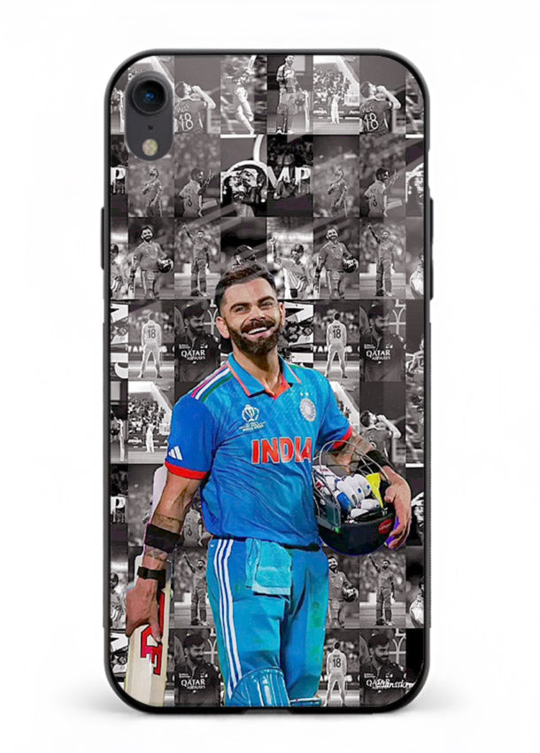 Blue cricket collage artwork printed on premium tempered glass iPhone XR back cover