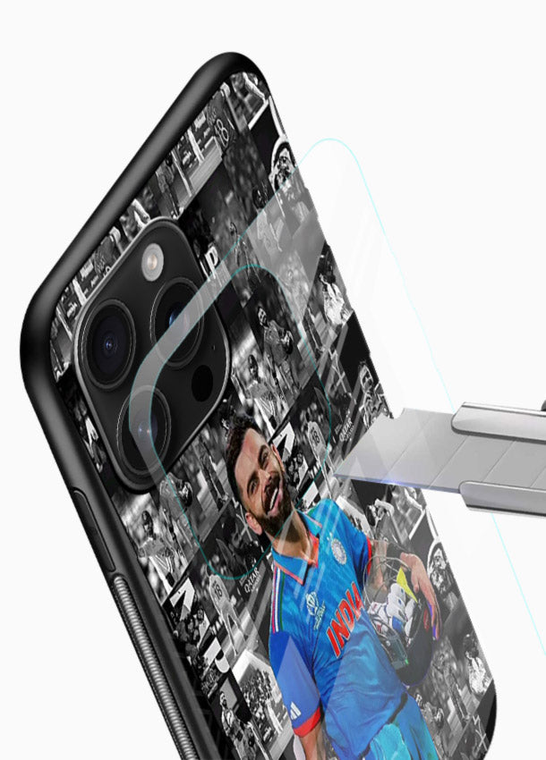 Blue cricket collage artwork printed on premium tempered glass phone back cover - 4
