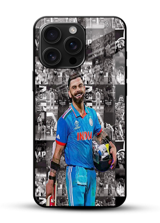 Blue cricket collage artwork printed on premium tempered glass phone back cover - 1