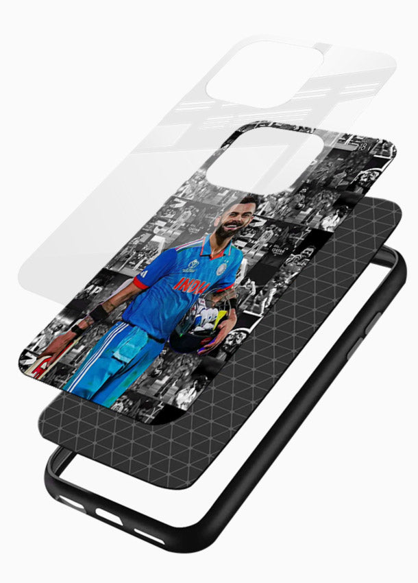 Blue cricket collage artwork printed on premium tempered glass phone back cover - 3