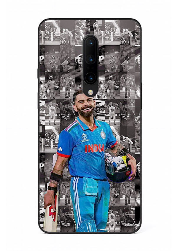 Blue cricket collage artwork printed on premium tempered glass OnePlus 7T Pro back cover