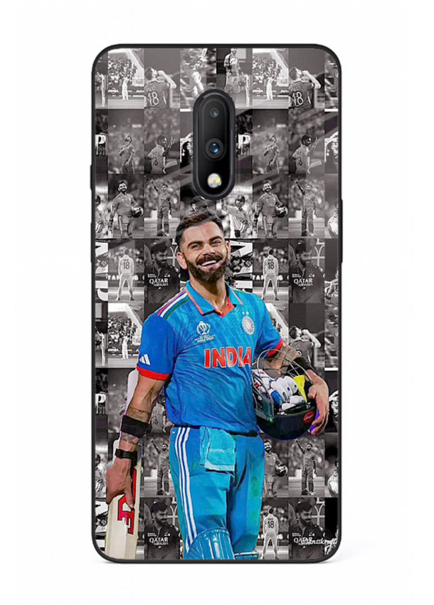 Blue cricket collage artwork printed on premium tempered glass OnePlus 7 back cover