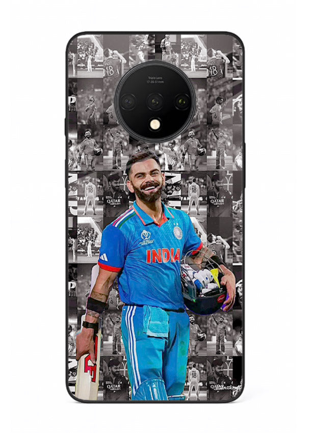 Blue cricket collage artwork printed on premium tempered glass OnePlus 7T back cover