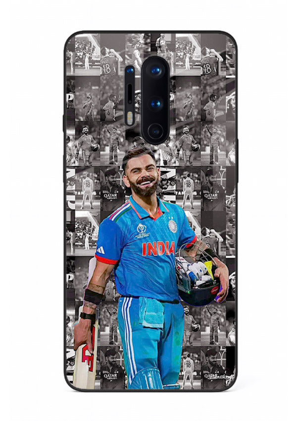 Blue cricket collage artwork printed on premium tempered glass OnePlus 8 Pro back cover