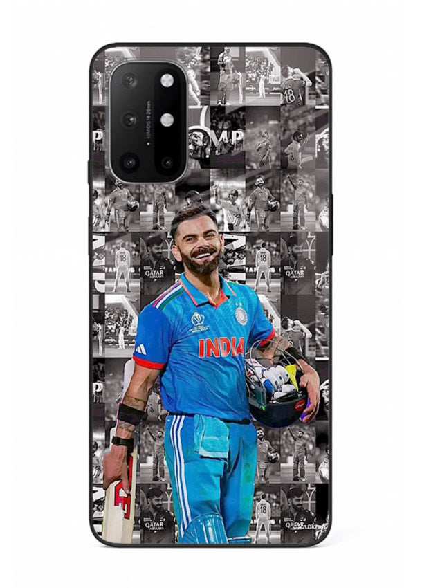 Blue cricket collage artwork printed on premium tempered glass OnePlus 8T back cover