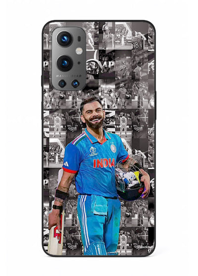 Blue cricket collage artwork printed on premium tempered glass OnePlus 9 back cover