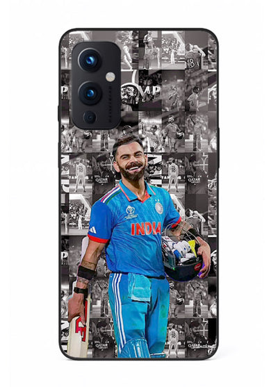 Blue cricket collage artwork printed on premium tempered glass OnePlus 9 Pro back cover
