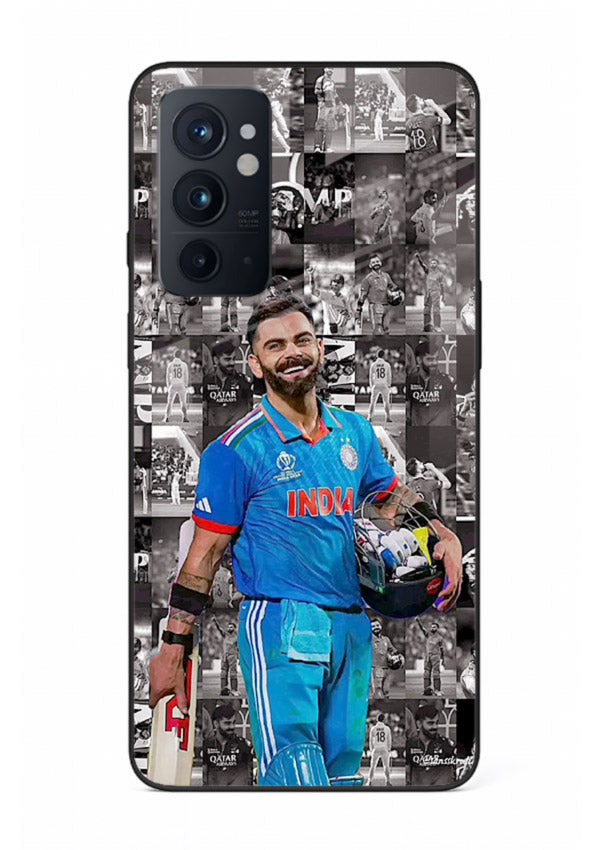Blue cricket collage artwork printed on premium tempered glass OnePlus 9RT back cover