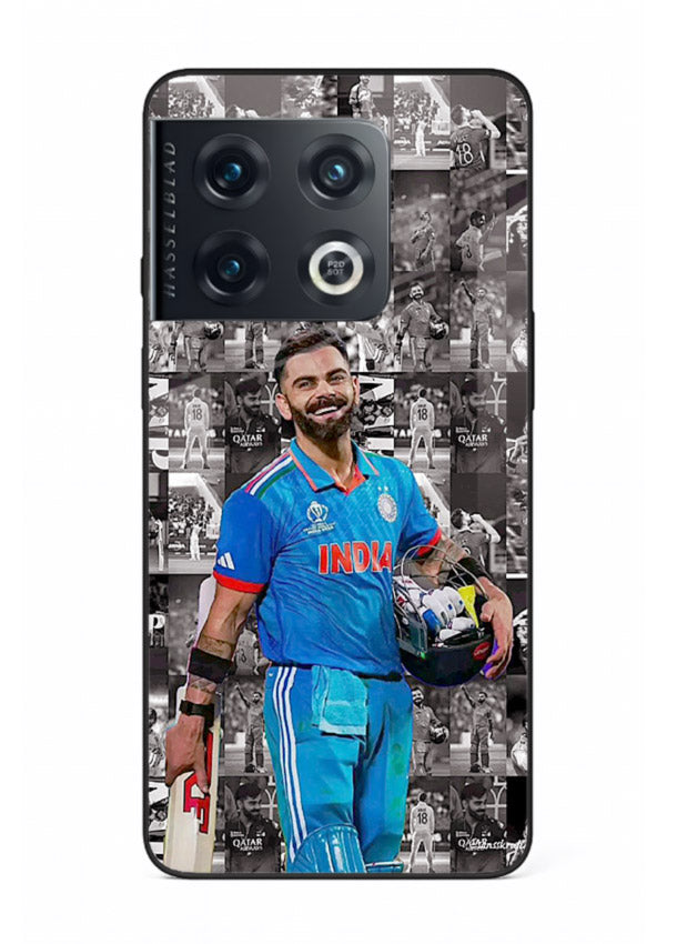 Blue cricket collage artwork printed on premium tempered glass OnePlus 10 Pro back cover