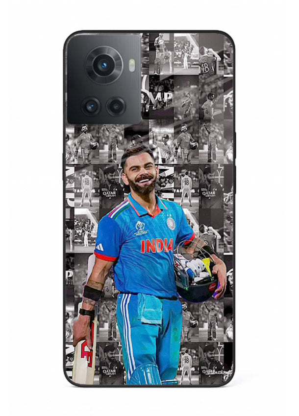 Blue cricket collage artwork printed on premium tempered glass OnePlus 10R back cover