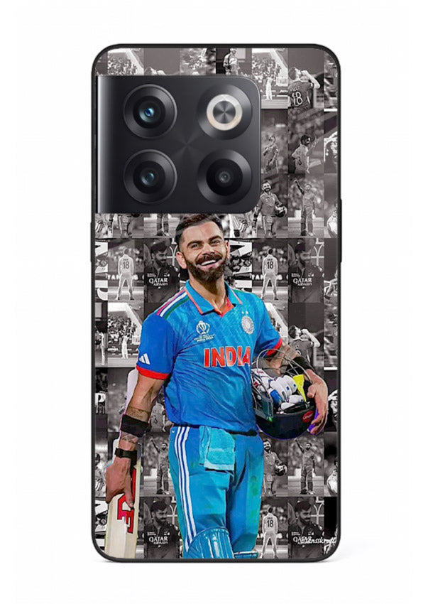 Blue cricket collage artwork printed on premium tempered glass OnePlus 10T back cover