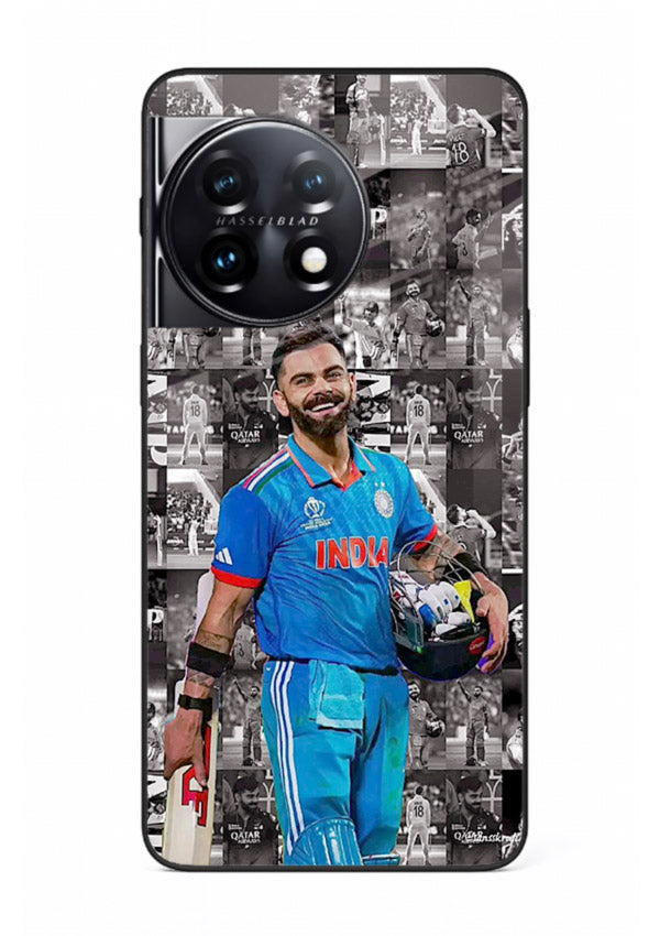 Blue cricket collage artwork printed on premium tempered glass OnePlus 11 back cover