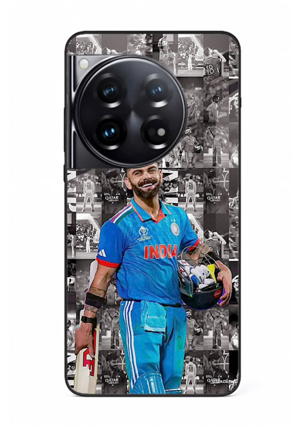 Blue cricket collage artwork printed on premium tempered glass OnePlus 12 back cover