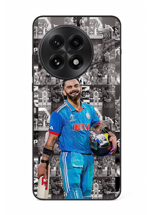Blue cricket collage artwork printed on premium tempered glass OnePlus 13 back cover