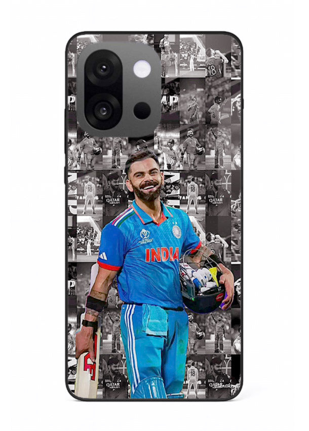 Blue cricket collage artwork printed on premium tempered glass OnePlus 13s back cover