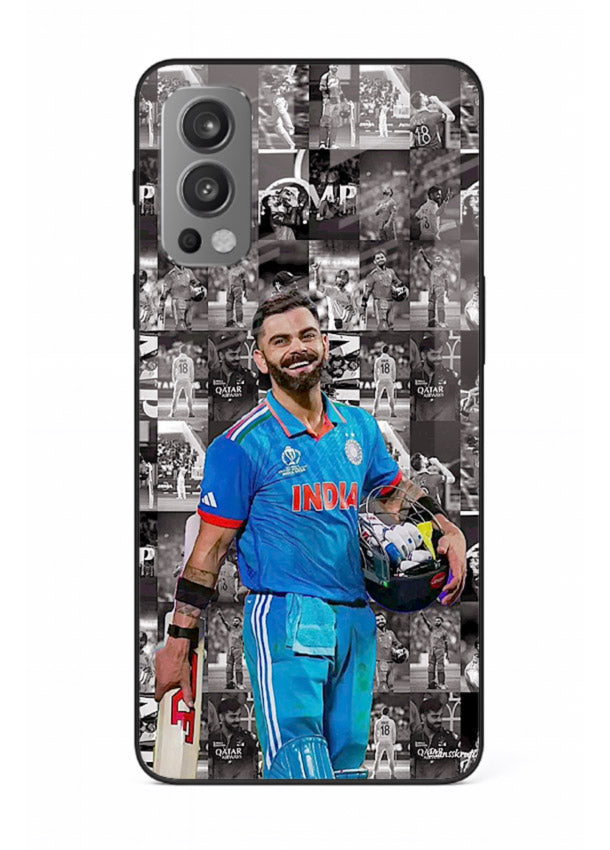 Blue cricket collage artwork printed on premium tempered glass OnePlus Nord 2 back cover