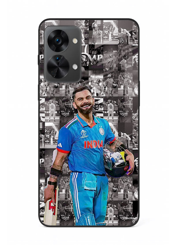Blue cricket collage artwork printed on premium tempered glass OnePlus Nord 2T back cover