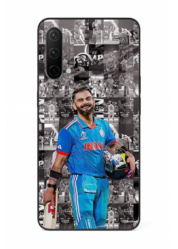 Blue cricket collage artwork printed on premium tempered glass OnePlus Nord CE 5G back cover
