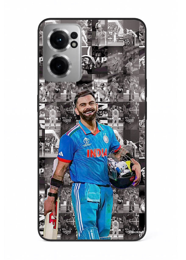 Blue cricket collage artwork printed on premium tempered glass OnePlus Nord CE2 5G back cover