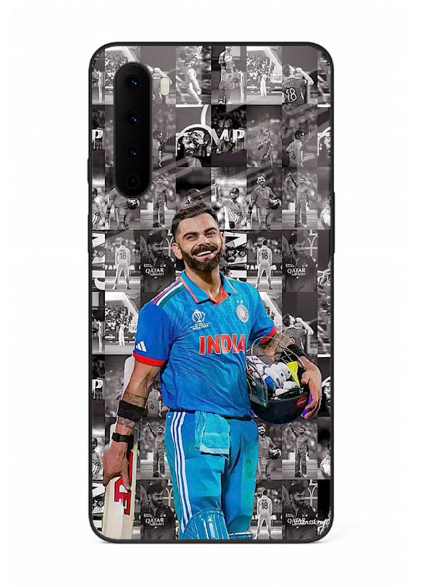 Blue cricket collage artwork printed on premium tempered glass OnePlus Nord back cover