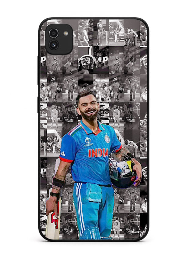 Blue cricket collage artwork printed on premium tempered glass Samsung A03 back cover