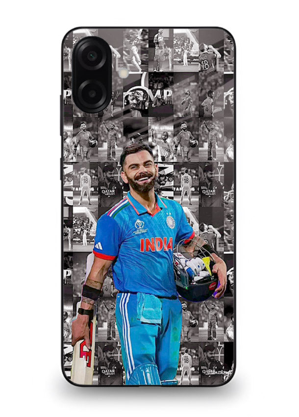 Blue cricket collage artwork printed on premium tempered glass Samsung A06 5G back cover