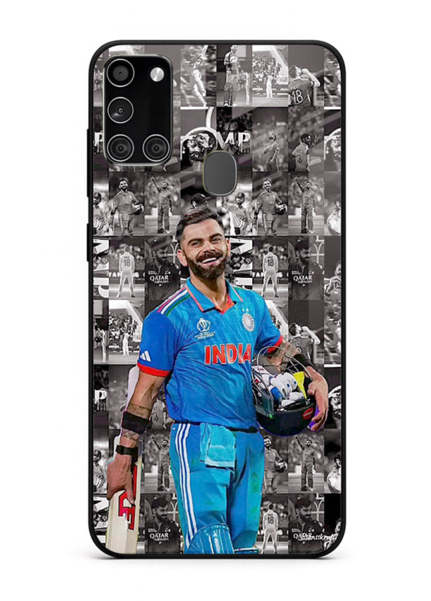 Blue cricket collage artwork printed on premium tempered glass Samsung A21s back cover