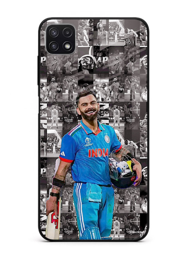 Blue cricket collage artwork printed on premium tempered glass Samsung F42 5G back cover