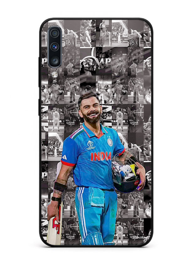 Blue cricket collage artwork printed on premium tempered glass Samsung A50 back cover