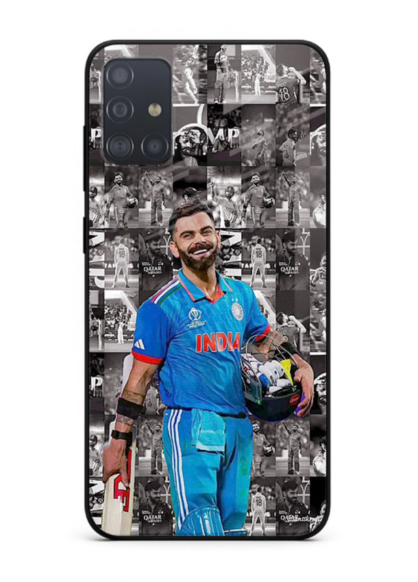 Blue cricket collage artwork printed on premium tempered glass Samsung A71 back cover