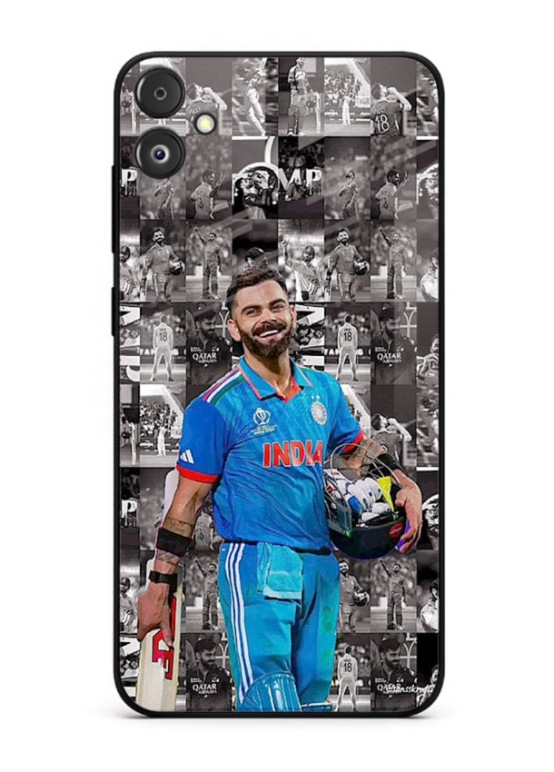 Blue cricket collage artwork printed on premium tempered glass Samsung F04 5G back cover
