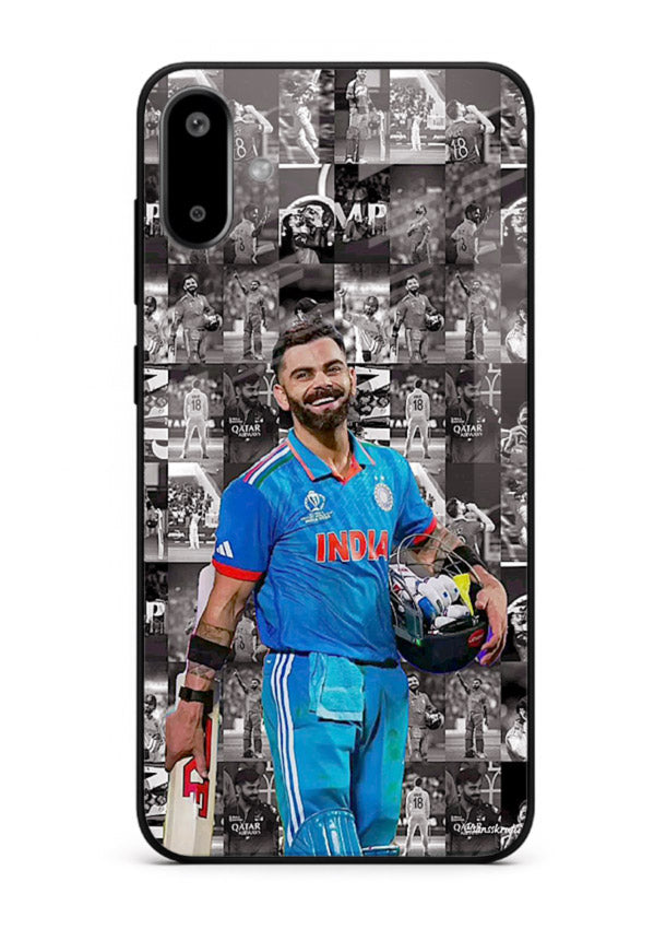 Blue cricket collage artwork printed on premium tempered glass Samsung F06 5G back cover