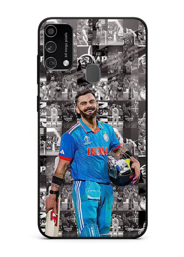 Blue cricket collage artwork printed on premium tempered glass Samsung F41 back cover