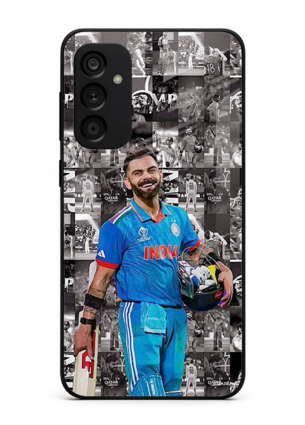 Blue cricket collage artwork printed on premium tempered glass Samsung F55 5G back cover