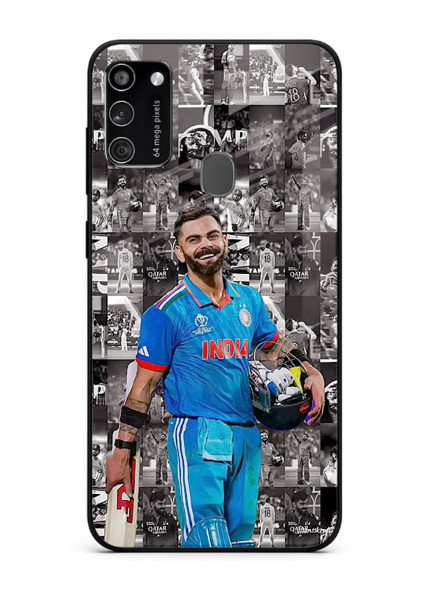Blue cricket collage artwork printed on premium tempered glass Samsung M21 back cover