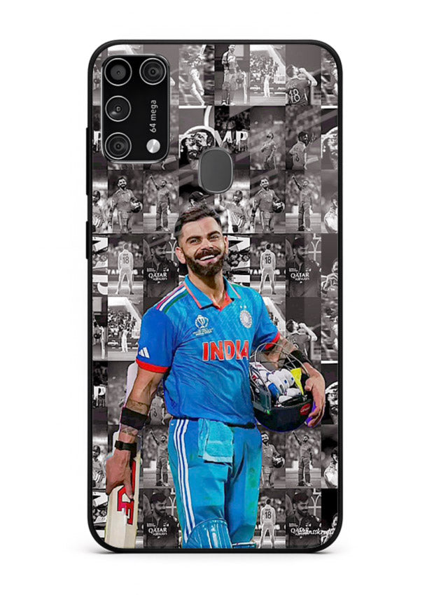 Blue cricket collage artwork printed on premium tempered glass Samsung M31 Prime back cover