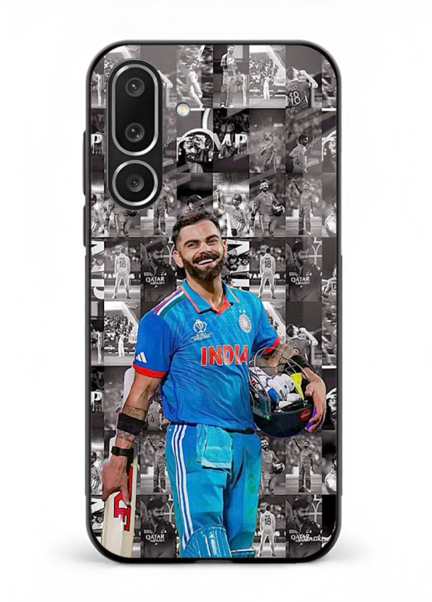 Blue cricket collage artwork printed on premium tempered glass Samsung F56 5G back cover