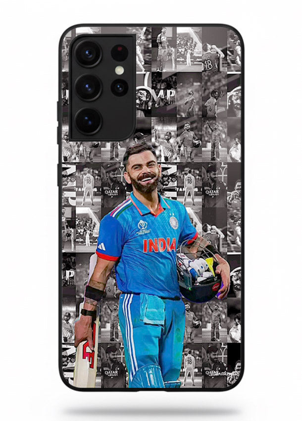 Blue cricket collage artwork printed on premium tempered glass Samsung S21 Ultra back cover