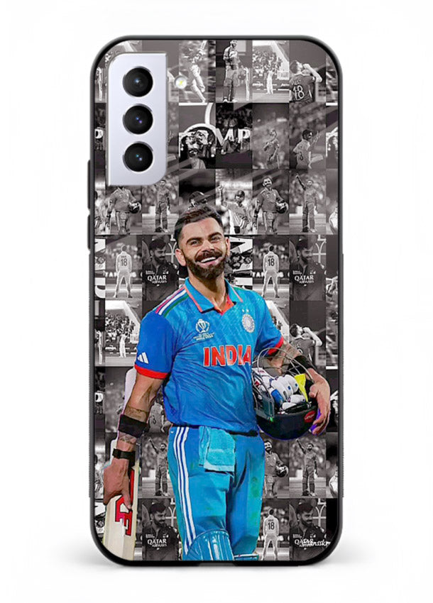 Blue cricket collage artwork printed on premium tempered glass Samsung S21 FE back cover