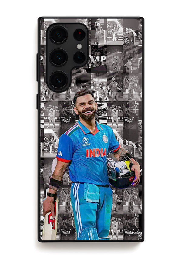 Blue cricket collage artwork printed on premium tempered glass Samsung S24 Ultra back cover