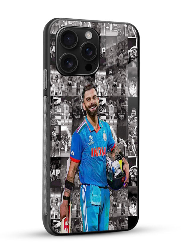 Blue cricket collage artwork printed on premium tempered glass phone back cover - 2
