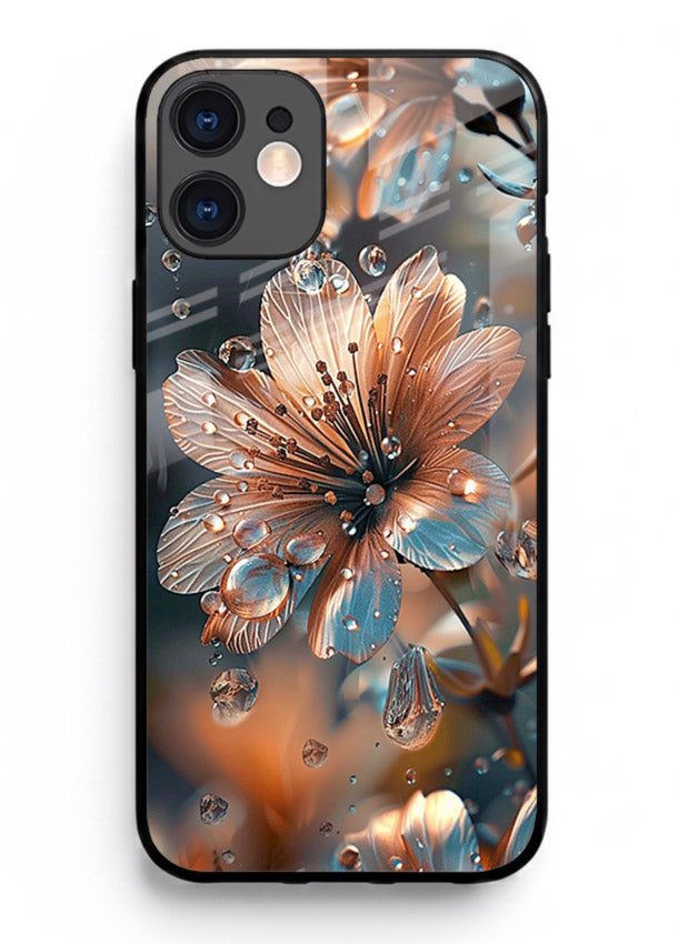 Blue-orange floral bloom artwork on iphone 12 glass back cover with vivid contrasting petals.
